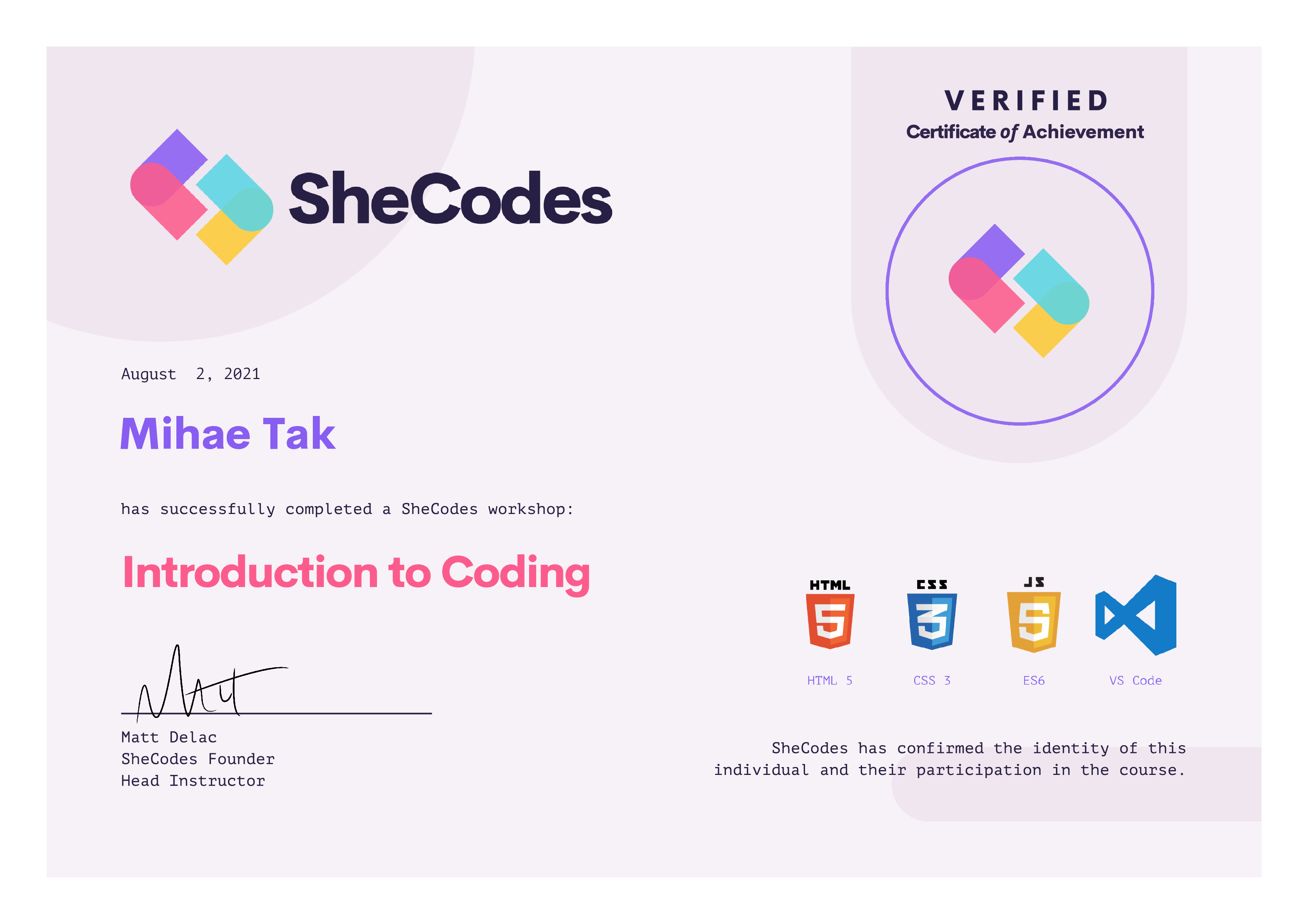 SheCodes Introduction to Coding Certificate