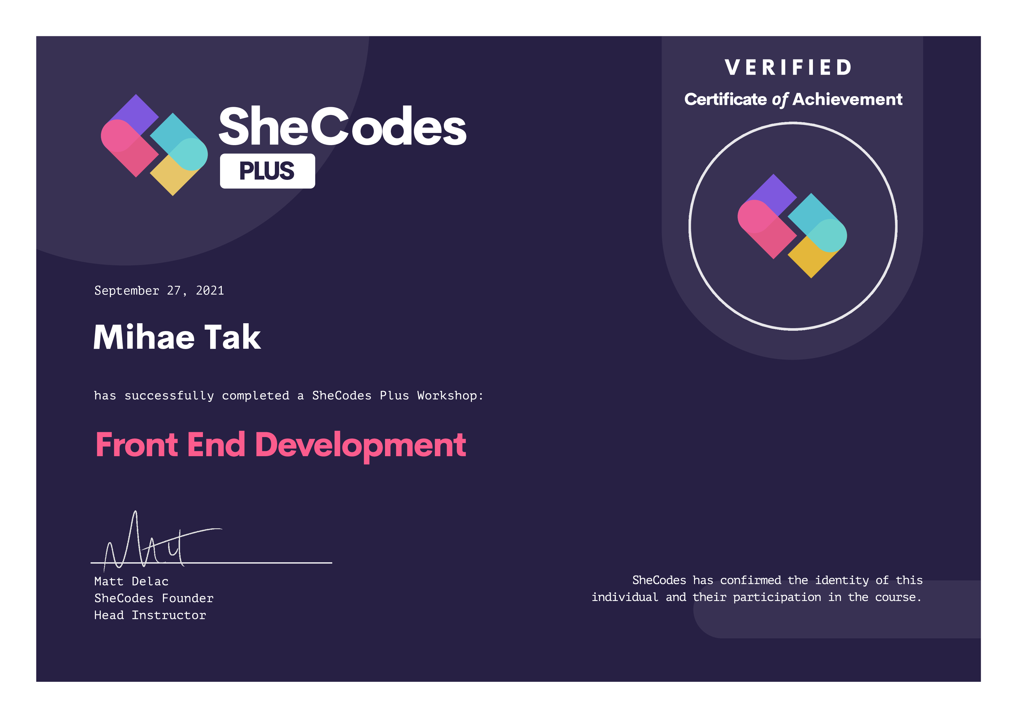 SheCodes Front End
                Development Certificate